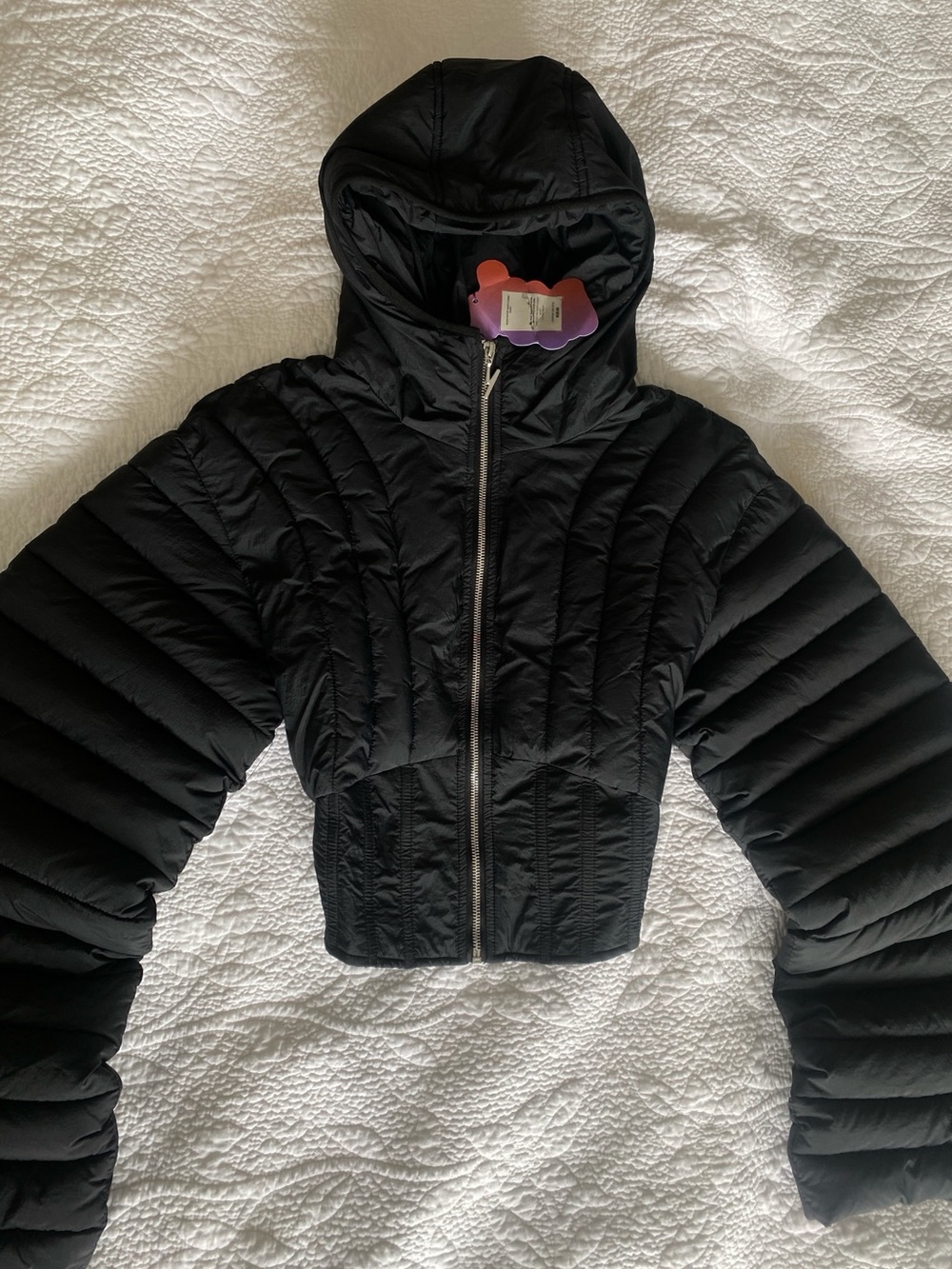 Retro Wide Lantern Sleeve Cropped Puffer Jacket NWT Hooded Black Women’s Size M - Picture 6 of 6